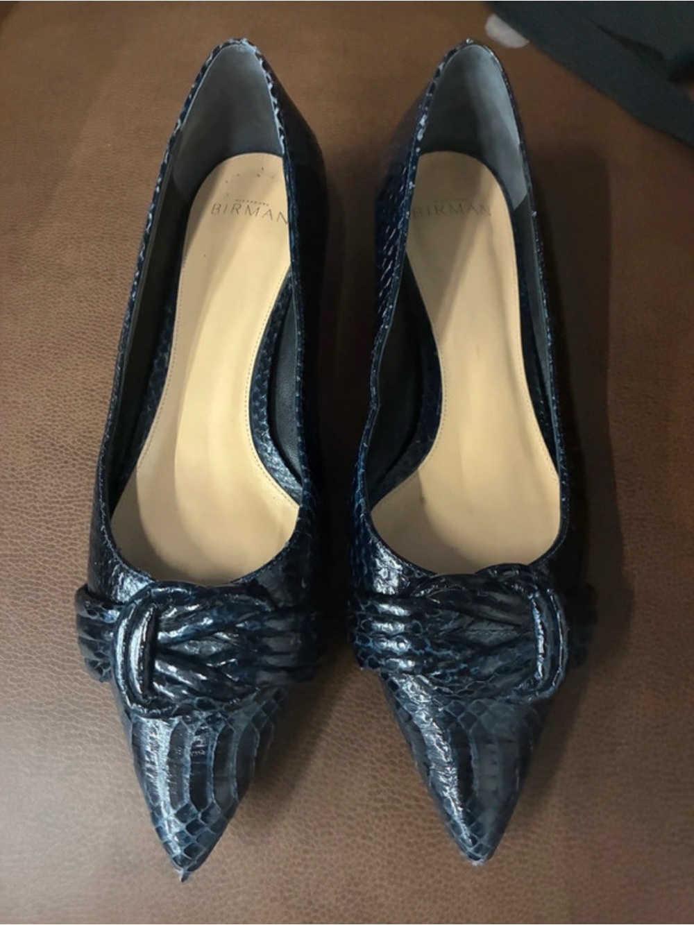 Alexandre Birman Navy Textured Pointed-Toe Flats with Knot Detail
